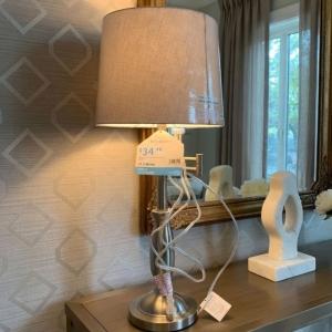 Modern Silver Table Lamp with Fabric Shade – Elegant Bedside & Living Room Lighting