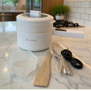 Digital Multi-Functional Electric Hot Pot with Steamer – 1.5L Portable Non-Stick Cooker with Long Safety Handle and Integrated Timer/Power Controls (White)