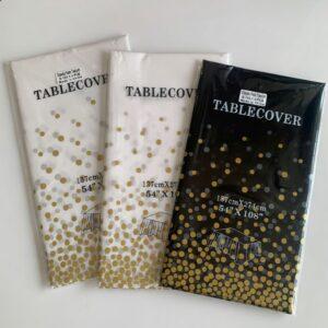 Premium Disposable Gold Dot Plastic Tablecloth – 54″ x 108″ Rectangular Table Cover – Elegant Confetti Polka Dot Design for Birthdays, Weddings, and Parties