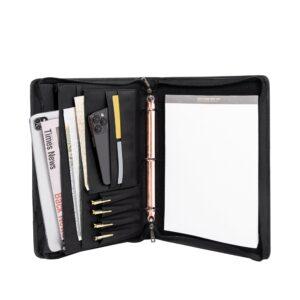 Professional Executive Zippered Portfolio – Multifunctional Business Padfolio with 3-Ring Binder, A4 Writing Pad Holder, and Multi-Pocket Document Organizer (Sleek Black)