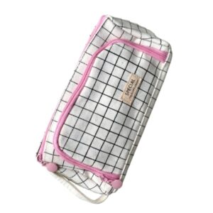 Aesthetic Large Capacity Checkered Pencil Case – Multi-Compartment Stationery Organizer with Side-Opening Flap, Elastic Pen Loops, and Carrying Handle (Pink Grid)