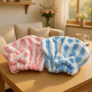 Quick-Dry Striped Microfiber Hair Turban - Ultra-Absorbent Bow-Knot Drying Cap for Frizz-Free Results