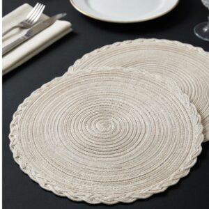 Braided Scalloped Round Placemats - Set of 6 Heat-Resistant Non-Slip Woven Table Mats for Kitchen and Dining - Cream Beige