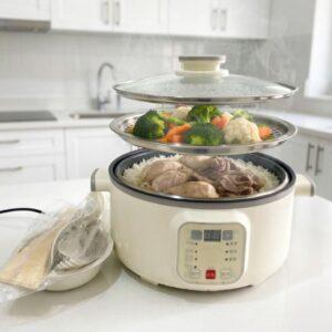 3-Tier Digital Electric Multi-Cooker and Food Steamer – Non-Stick Cooking Pot with Dual Stainless Steel Steam Trays – Cream White