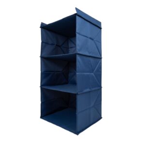 Blue 3-Shelf Hanging Closet Organizer – Foldable Fabric Vertical Storage System with Dual Metal Hooks – Space-Saving Shelving for Clothes, Shoes, and Accessories