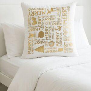 Festive Gold Metallic Christmas Throw Pillow Covers - Reindeer and Holiday Typography Decorative Cushion Cases