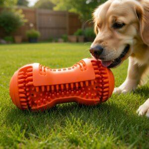 Durable Spiky Rubber Dog Chew Toy – Textured Dumbbell Shape for Dental Hygiene, Gum Massage, and Interactive Fetch – High-Visibility Orange