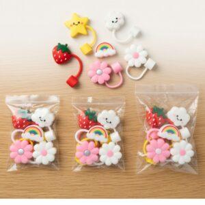 6-Pack Cute Silicone Straw Cover Caps (10mm) – Reusable Dustproof Drinking Straw Toppers for Wide Tumblers, Water Bottles, and Cups – Assorted Whimsical Designs