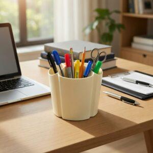 5-Compartment Hexagonal Desktop Stationery Organizer – Multi-Purpose Pen and Tool Caddy – Cream