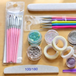 All-in-One Professional Nail Art Design Kit – 20pc Set with Brushes, Dotting Tools, Glitters, and Prep Tools