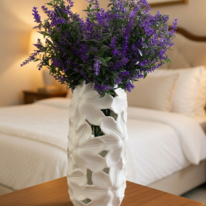 Elegance Flora™ Abstract Cut-Out Ceramic Vase with Realistic Artificial Lavender Bouquet – Modern Home Décor Set