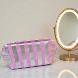 Chic Metallic Striped Cosmetic Pouch – Stylish Travel Makeup Organizer Bag with Glamour Script and Wristlet Strap